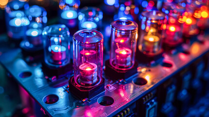 A row of glowing tubes are lit up in a variety of colors. The tubes are arranged in a pattern, with some of them being grouped together and others spaced out. The overall effect is a colorful