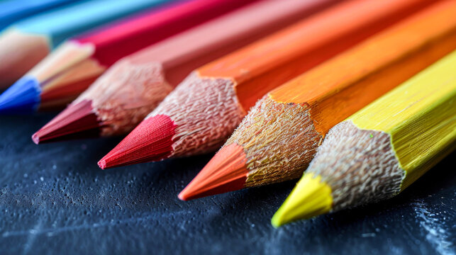 A row of pencils with different colors, including red, yellow, and blue. The pencils are lined up next to each other, creating a visually appealing display