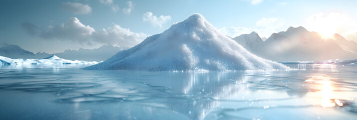 Sea salt farm Pile of white salt, raw material,
3d blue white snow mountains background with reflection
