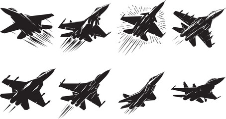 Silhouettes of military jet in various angles, depicted in black on a white background, showcasing dynamic movement and speed - obrazy, fototapety, plakaty