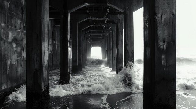 Under the pier perspective with waves crashing.