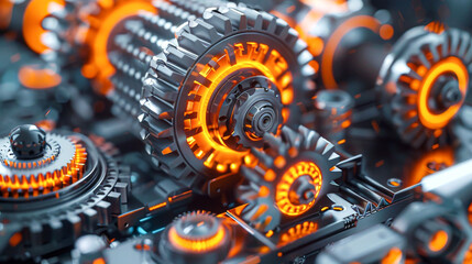 A close up of a machine with gears that are glowing orange. Concept of technology and innovation, as the gears are illuminated and appear to be in motion