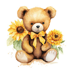 Watercolor Teddy Bear with sunflower clipart 