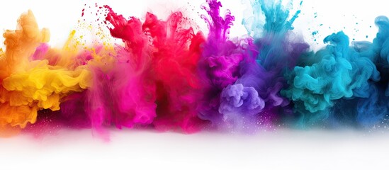 A row of vibrant purple, petal pink, magenta, and electric blue smoke swirling out of a container on a white background. An artistic display of natural materials creating a colorful event - obrazy, fototapety, plakaty