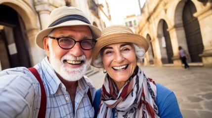 Obraz premium A happy elderly couple takes a selfie on a smartphone outdoors in a resort town. Tourists, travelers, Pensioners on vacation. A horizontal banner.