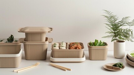 Sustainable, zerowaste takeout containers made from biodegradable materials, futuristically designed , Highly detailed