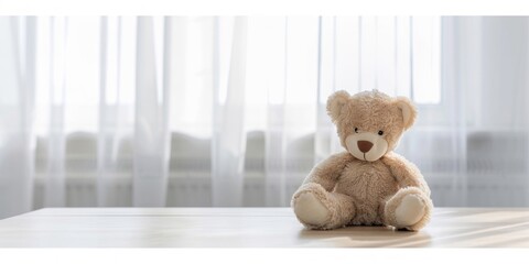 A single teddy bear sits on a table in a softly lit room, creating a mood of anticipation or nostalgia.
