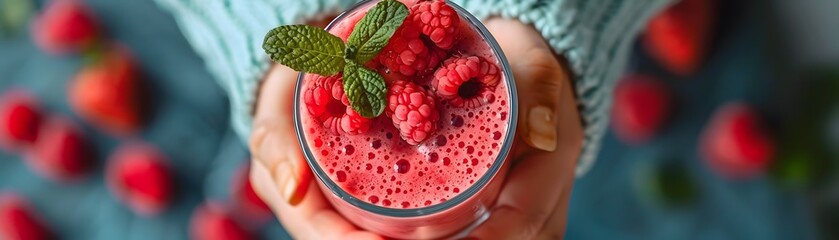 A close-up photo of mothers hand holding a glass filled with a bright pink raspberry smoothie. A sprig of fresh mint decorates the rim of the glass.