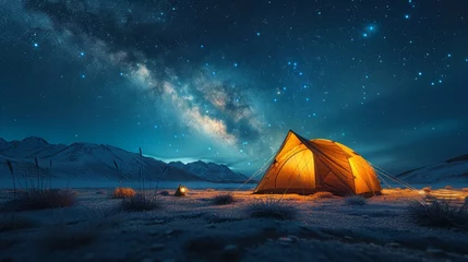 Photo sur Plexiglas Blue nuit Modern Tent camping mountain under starry sky with milky way View of the serene landscape