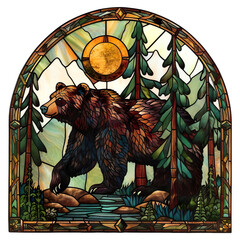 Stained Glass Grizzly Bear Sublimation in Arch Isolated on transparent background. - obrazy, fototapety, plakaty