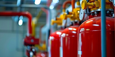 Close-up of red fire extinguishers with valves in an industrial setting, ensuring workplace safety.