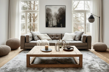 Inviting setup with two sofas and vintage table in Scandinavian style. - obrazy, fototapety, plakaty