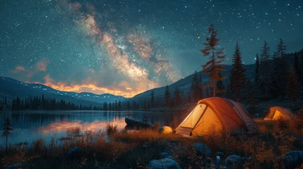 Schilderijen op glas Modern Tent camping mountain under starry sky with milky way View of the serene landscape © ND STOCK