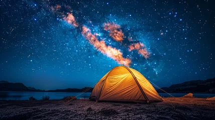 Zelfklevend Fotobehang Modern Tent camping mountain under starry sky with milky way View of the serene landscape © ND STOCK
