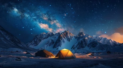 Gordijnen Modern Tent camping mountain under starry sky with milky way View of the serene landscape © ND STOCK