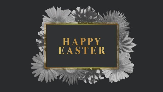 A vibrant floral frame with the words Happy Easter in the center, surrounded by a circular arrangement of flowers in various colors. Background is black