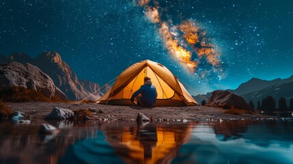 Modern Tent camping mountain under starry sky with milky way View of the serene landscape