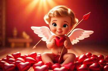 Fototapeta premium cute cartoon style cupid boy with lots of hearts, valentines greeting card