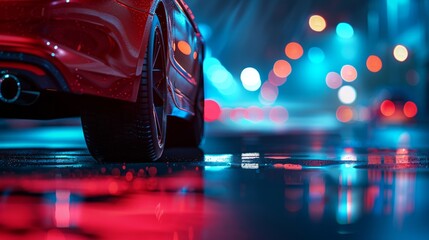 Vibrant night scene with red sports car tail light and colorful bokeh in urban setting.