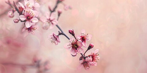 Delicate pink cherry blossoms with a soft focus and abstract pink bokeh background.
