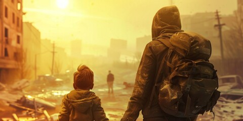 An adult and child walking in a desolate urban landscape during a sunset in a post-apocalyptic world.