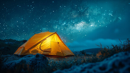 Modern Tent camping mountain under starry sky with milky way View of the serene landscape