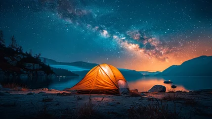  Modern Tent camping mountain under starry sky with milky way View of the serene landscape © ND STOCK