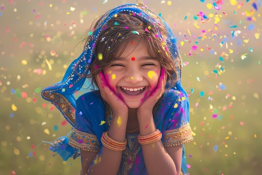 A vibrant and colorful photograph capturing the essence of Holi, featuring an adorable child with their face painted in bright colors like yellow or blue
