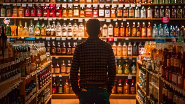A man stands in front of a liquor store with a variety of bottles on the shelves. The store is well-stocked with different types of alcohol, including wine, beer, and liquor