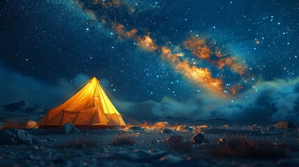 Modern Tent camping mountain under starry sky with milky way View of the serene landscape - obrazy, fototapety, plakaty
