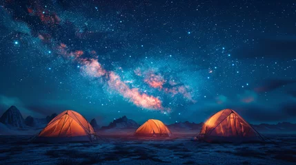 Foto op Canvas Modern Tent camping mountain under starry sky with milky way View of the serene landscape © ND STOCK