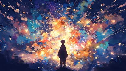 Fototapeta na wymiar A watercolor painting of the silhouette of young man, standing in front of an explosion of colorful lights and stars, representing his creative journey through life's challenges.