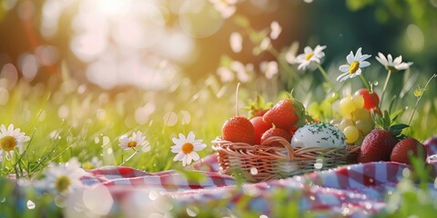 Picnic basket filled with fresh fruits and Easter eggs on a sunny meadow with daisies. - obrazy, fototapety, plakaty