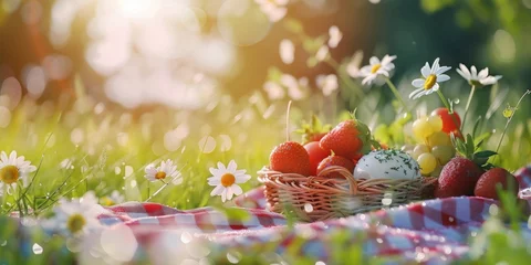 Foto op Canvas Picnic basket filled with fresh fruits and Easter eggs on a sunny meadow with daisies. © tashechka