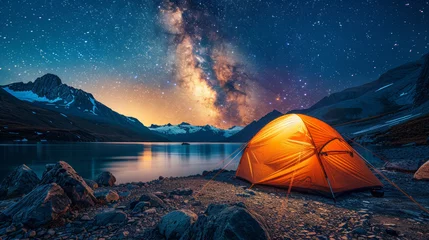 Photo sur Aluminium Blue nuit Modern Tent camping mountain under starry sky with milky way View of the serene landscape