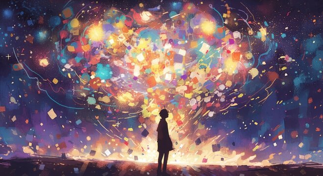 A watercolor painting of a silhouette male with short hair, standing in front of a colorful explosion of lights and stars in dark colors 