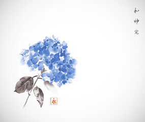 Ink painting of blue hydrangea flowers on white background. Traditional oriental ink painting sumi-e, u-sin, go-hua. Hieroglyphs - harmony, spirit, perfection, eternity - 762256915