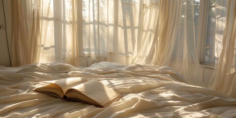 Morning light streams through flowing sheer curtains onto an unmade bed, creating a soft, inviting atmosphere.