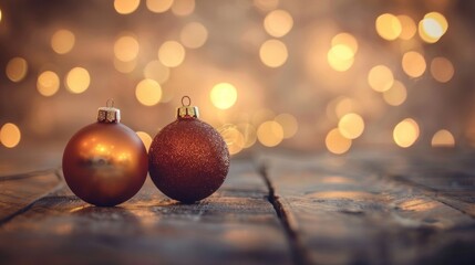 Two sparkling Christmas baubles sit on a wooden table against a backdrop of warm, bokeh lights.