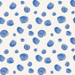 Pattern watercolor drawings of seashells on a beige background