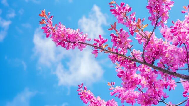 Pink Redbud Flowers with Bright Blue Sky - Photograph of beautiful Redbud tree flowers  against a background of a bright blue, clear sky.