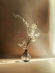 A serene image of white blossoms in a textured vase, bathed in soft light.