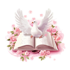 White Dove on pink floral Book Clipart 