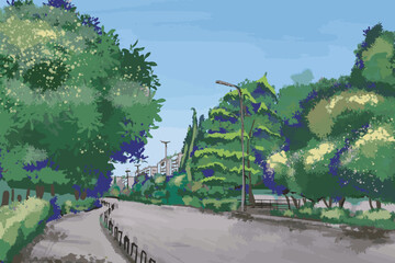 landscape of one of the streets of the city of Podgorica. Lush greenery in midsummer. Vector image created from color spots.