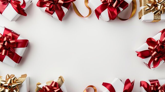 A minimal christmas backdrop. A simple white background with red and gold gift boxes with ribbons and gold stars and particles. high quality celebration copyspace, AI Generated.