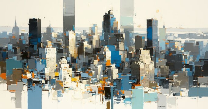 abstract cityscape, buildings, skyscrapers, brush strokes, oil painting