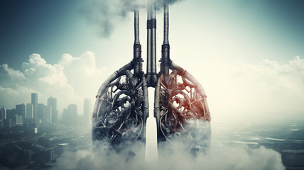 carbon footprint, smoke pollution of the atmosphere, pipes with smoke in the shape of human lungs, air pollution, eco concept fictional design poster