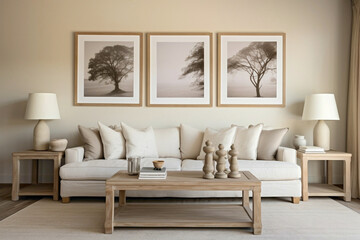 In the heart of the beige-themed living room, two sofas encircle a weathered wooden table. A blank frame on the wall invites customized text.