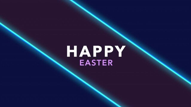 Celebrate Easter in style with a futuristic twist! This vibrant image features a neon blue and purple striped background with Happy Easter boldly written in white