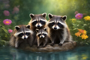 Family of fluffy raccoons at the garden pond. Adorable and precious happy raccoon family. Raccoon (Procyon lotor), also known as the North American raccoon.
